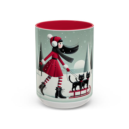 Red Sled & Curious Cats Colorful Mugs (11oz, 15oz)