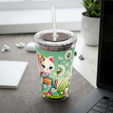 Geisha Kitten and the Dandelion Wish Sunsplash Tumbler with Straw, 16oz