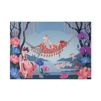 🌸🪽 The Garden Of Little Cupids Glass Cutting Board – Art Deco Floral Fantasy
