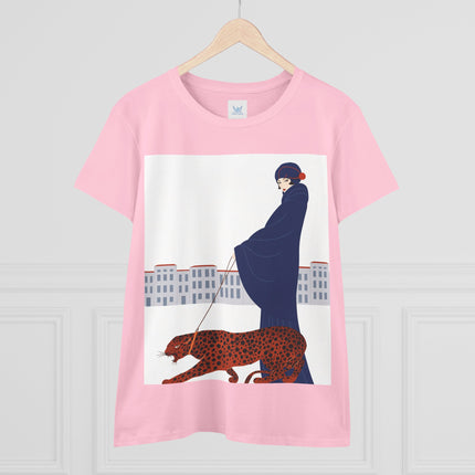 🐆🖤 The Lady With The Leopard Cotton Tee – Art Deco Fashion Illustration