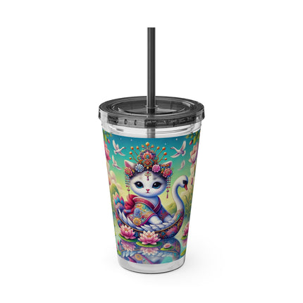 Geisha Kitten’s River Voyage Sunsplash Tumbler with Straw, 16oz