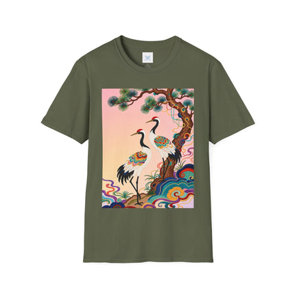 🐦🌸 The Enchanted Crane Garden Softstyle T-Shirt – Oriental Elegance & Colorful Harmony