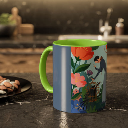 The Lady And The Mysterious Bird Colorful Mugs – Art Deco Botanical Mystery