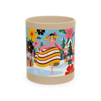 🎄🌸 The Lady Of The Striped Christmas Garden Ceramic Mug – Art Deco Holiday Whimsy