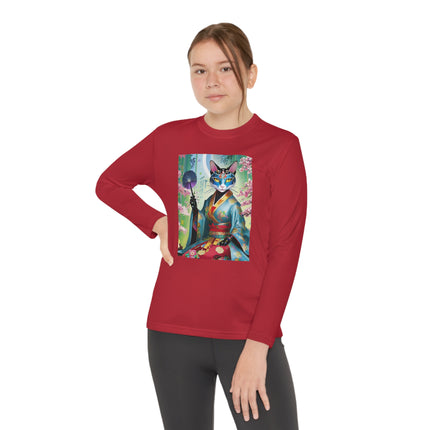Cyberpunk Geisha Youth Long Sleeve Competitor Tee – Neon Elegance & Futuristic Fantasy