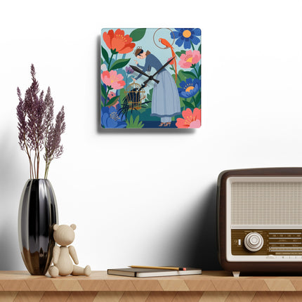🌺🦜 The Lady Of The Enchanted Aviary Acrylic Wall Clock – Art Deco Floral Garden