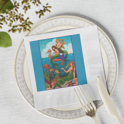 Three Mermaids with Strings of Pearls by Carlo Chiostri White Coined Napkins