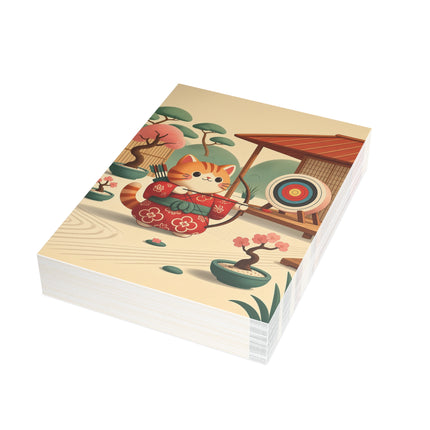🏹🌸 The Cherry Blossom Archer Kitten Greeting Card – Whimsical Japanese Garden