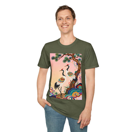🐦🌸 The Enchanted Crane Garden Softstyle T-Shirt – Oriental Elegance & Colorful Harmony