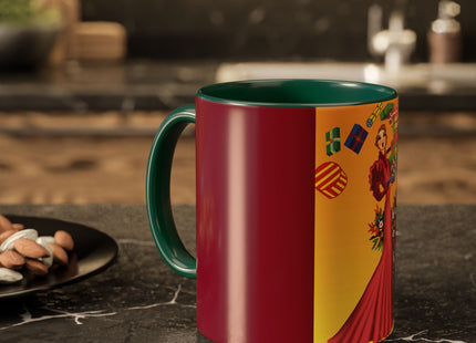 Elegant Holiday Woman with Gifts Colorful Mugs (11oz, 15oz)