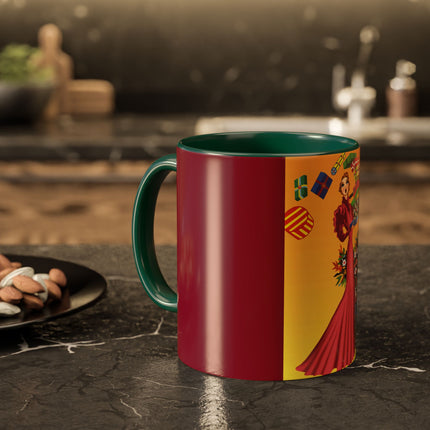 Elegant Holiday Woman with Gifts Colorful Mugs (11oz, 15oz)