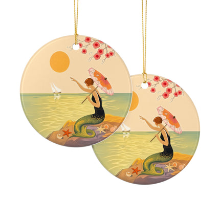 🧜‍♀️☂️ The Mermaid With The Parasol Ceramic Ornament – Art Deco Seaside Fantasy