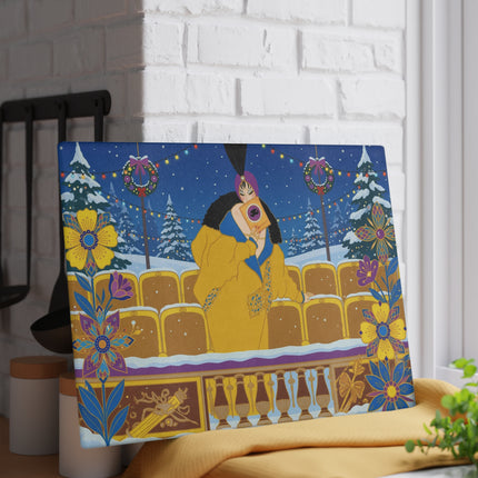 🎭❄️ The Lady Of The Snowbound Theatre Glass Cutting Board – Art Deco Holiday Elegance