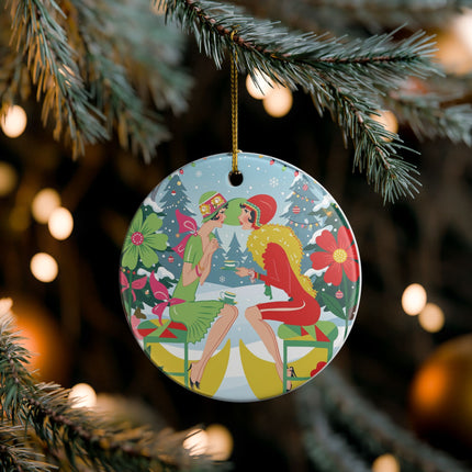 ☕🎄 Christmas Tea In The Snow Garden Ceramic Ornament – Art Deco Holiday Friendship