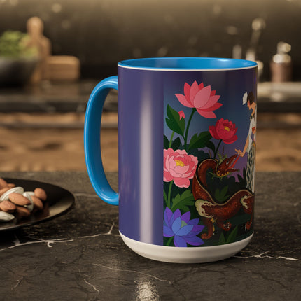 The Lady And The Garden Dragon Colorful Mugs – Art Deco Mythical Botanical Elegance