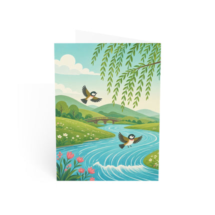 🌸🐦 The Willow Garden Maiden Greeting Card – Whimsical Japanese Garden