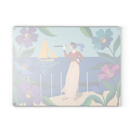 🔭⛵ The Lady Of The Seaside Spyglass Glass Cutting Board – Art Deco Coastal Elegance
