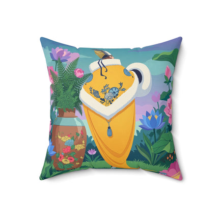 🪷✨ The Lady Of The Golden Lotus Garden Square Pillow – Art Deco Floral Elegance