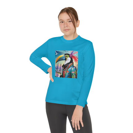 Cyber Toucan Chic Youth Long Sleeve Competitor Tee – Neon Feathers & Futuristic Style