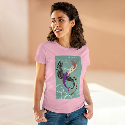 Mermaid on Seahorse Women's Midweight Cotton Tee – Dreamy Ocean Fantasy