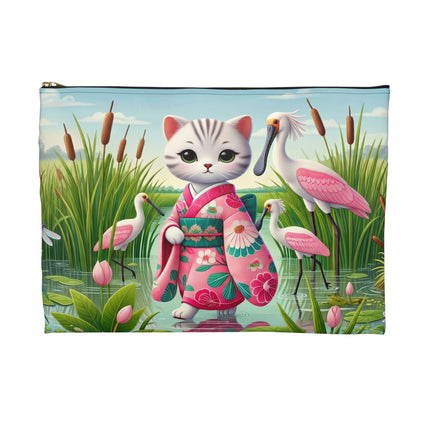 Geisha Kitten Strolls Among the Spoonbills Accessory Pouch – Serene Grace & Marshland Wonder