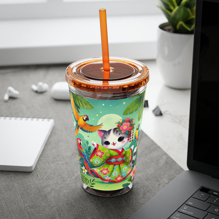 Parrot Dance of the Geisha Kitten Sunsplash Tumbler with Straw, 16oz