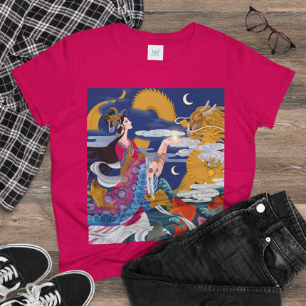 Dragon Pearl Offering Women's Midweight Cotton Tee – Mystical Fantasy & Golden Grace