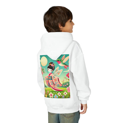 Geisha Fairy and the Hummingbird Blossom Youth Hooded Sweatshirt – Cozy Magic in Bloom
