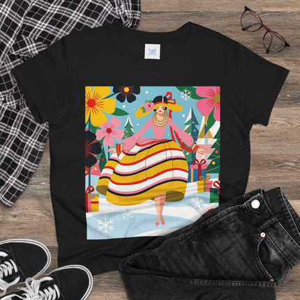 🎄🌸 The Christmas Blossom Belle Cotton Tee – Art Deco Holiday Whimsy