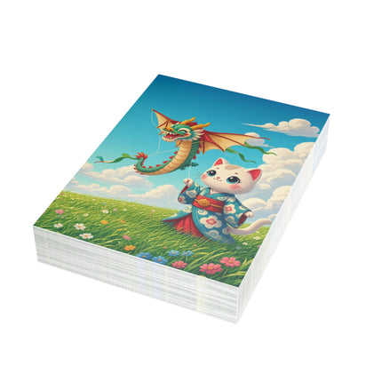 🐉🌼 The Dragon Kite Meadow Kitten Greeting Card – Whimsical Floral Adventure