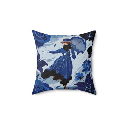 ☔💙 The Blue Rain Promenade Square Pillow – Art Deco Floral Fashion
