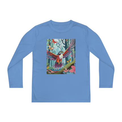 A Colorful Raptor Youth Long Sleeve Competitor Tee – Dino Adventure & Forest Wonder