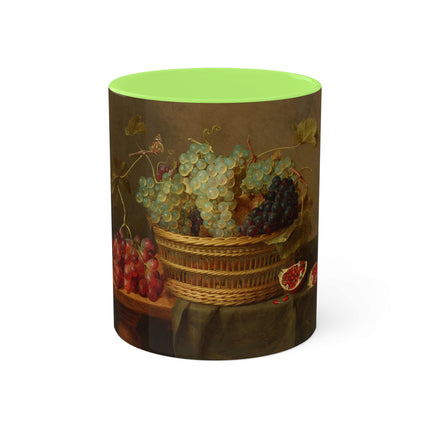 Basket of Grapes and a Pomegranate on a Table by Jacob van Hulsdonck Colorful Mugs, 11oz