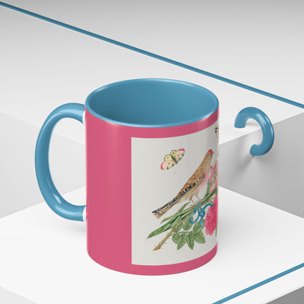 Pair of brown birds on bouquet with tulip, rose, and snapdragons, with butterflies by AnonymousAccent Coffee Mug, 11oz