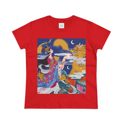 Dragon Pearl Offering Women's Midweight Cotton Tee – Mystical Fantasy & Golden Grace