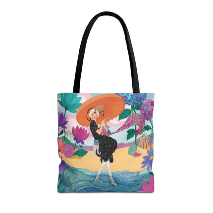 ☂️🌺 The Lady Of The Seaside Parasol Tote Bag – Art Deco Floral Fashion