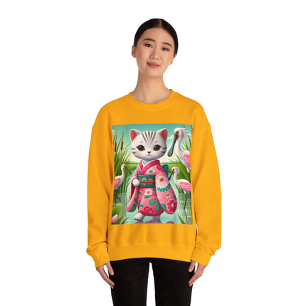 Geisha Kitten Strolls Among the Spoonbills  Unisex Heavy Blend™ Crewneck Sweatshirt