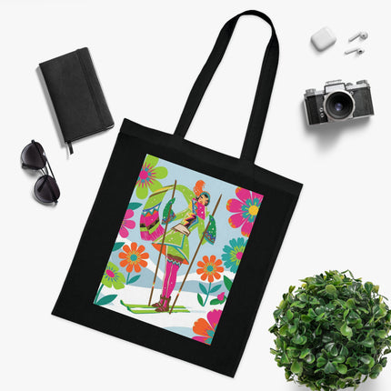 🎿🌸 The Winter Flower Adventurer Cotton Tote Bag – Colorful Skiing Fantasy
