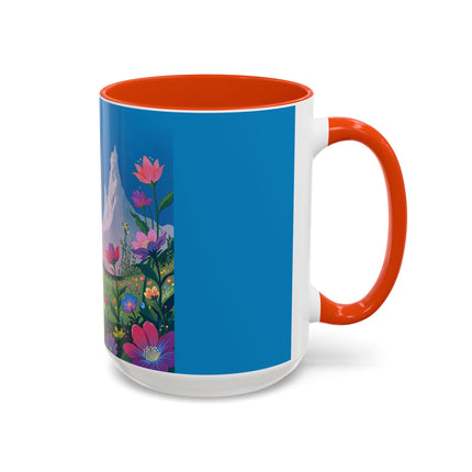 The Lady And The Moonlit Peak Colorful Mugs – Art Deco Alpine Garden Elegance