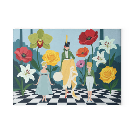 🌺🎩 The Lady And Children Of The Grand Flower Garden Glass Cutting Board – Art Deco Fashion Whimsy