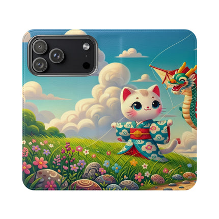 🪁🐉 Geisha Kitten and the Dragon Kite Flip Case – Joyful Flight & Dragon Spirit