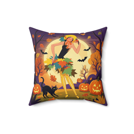 🌕🍂 Autumn Song Beneath The Harvest Moon Square Pillow – Whimsical Halloween Charm
