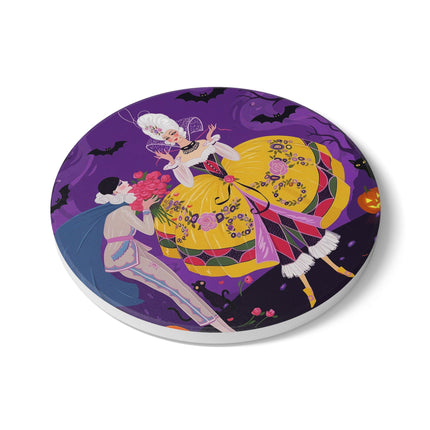 🎭🌹 The Harlequin Rose Masquerade Ceramic Coaster – Theatrical Halloween Romance