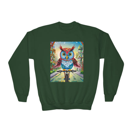 Cycling Owl Youth Crewneck Sweatshirt – Urban Adventure & Playful Motion