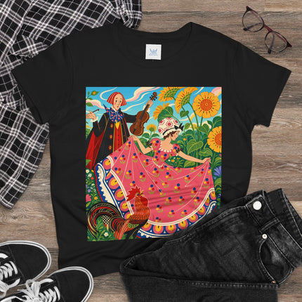 🎻🐓 The Garden Serenade Cotton Tee – Art Deco Folk Whimsy