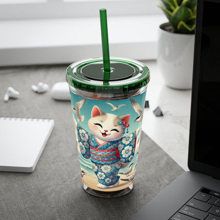 Geisha Kitten by the Seaside Sunsplash Tumbler with Straw, 16oz