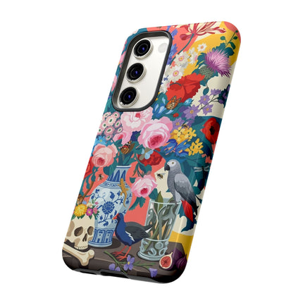 Floral Vanitas Phone Case – Parrot & Porcelain Splendor