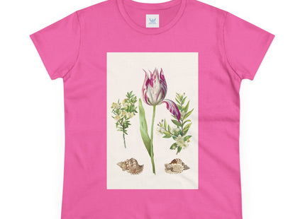 Tulip flower with Two Branches of Myrtle and Shells Cotton Tee