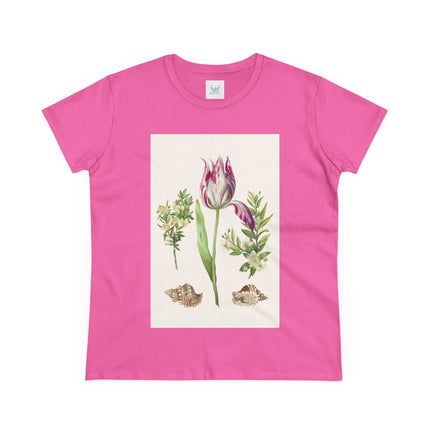 Tulip flower with Two Branches of Myrtle and Shells Cotton Tee