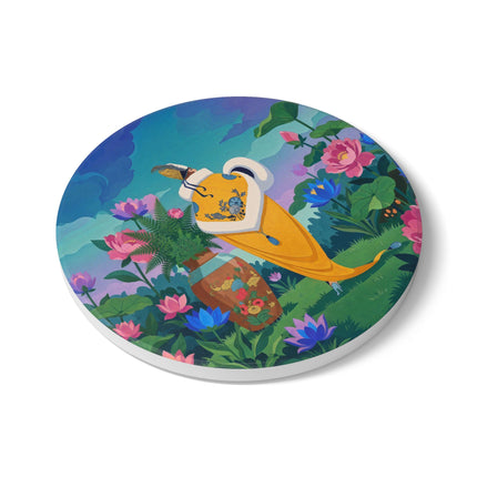 🪷✨ The Lady Of The Golden Lotus Garden Ceramic Coaster – Art Deco Floral Elegance